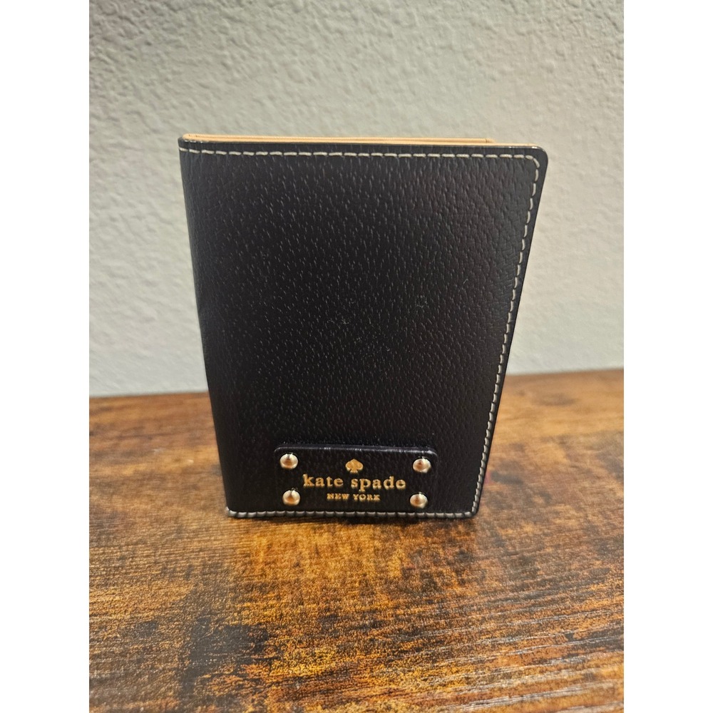 Kate Spade New York Black Leather Passport Holder Case Gold Logo Plaque - Picture 1 of 6